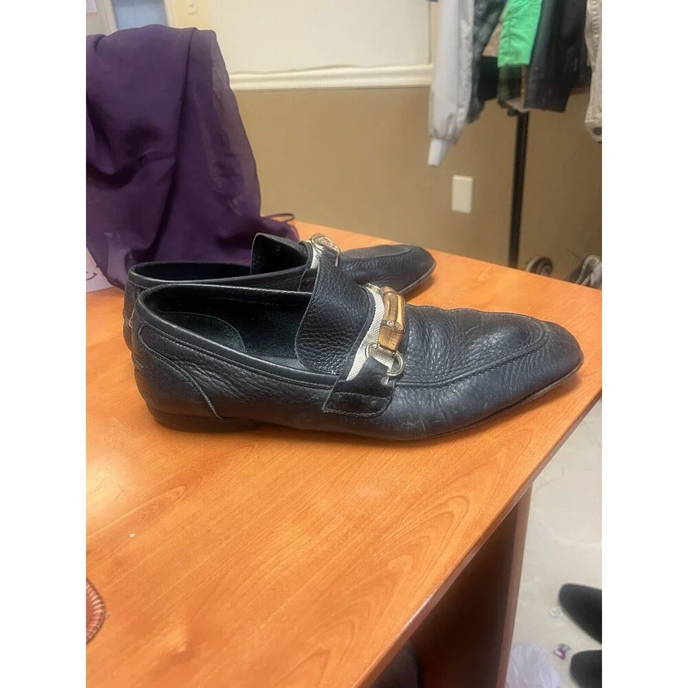 $820 Mens Black‎ Leather Gucci Bamboo Bit Loafers Sz 8.5 US  Made In ITALY